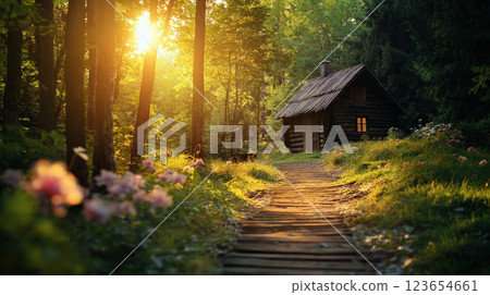 Enchanting woodland cabin at sunrise with a serene flower lined path, AI Generative 123654661