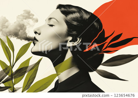 Surreal portrait of a woman with foliage and abstract elements in black and red tones, AI Generative Surreal portrait of a woman with foliage and abstract elements in black and red tones, AI Generative 123654676