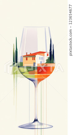 Idyllic countryside house reflected in wine glass illustration, AI Generative 123654677
