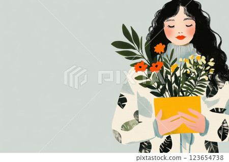 Woman Holding Floral Arrangement with Soft Expression and Cozy Sweater, AI Generative 123654738