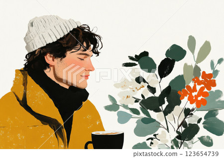 Cozy Autumn Vibes Man in Yellow Jacket Enjoying Warm Coffee Beside Foliage, AI Generative 123654739