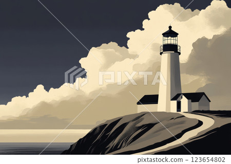 Coastal lighthouse against dramatic cloudy sky in sepia tones, AI Generative Coastal lighthouse against dramatic cloudy sky in sepia tones, AI Generative 123654802