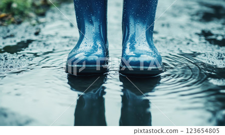 Rain boots splash in puddle a vibrant autumn morning scene with raindrops, AI Generative 123654805