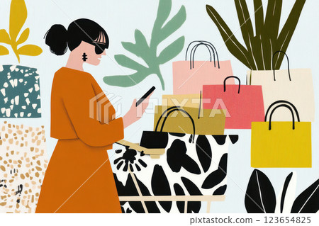Stylish woman shopping with smartphone and colorful bags in a modern illustration, AI Generative Stylish woman shopping with smartphone and colorful bags in a modern illustration, AI Generative 123654825