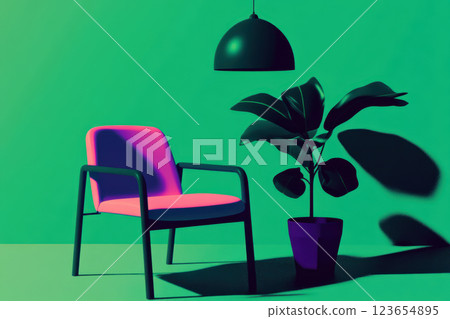 Modern Interior Design with Vibrant Armchair, Lamp, and Potted Plant in Green Room, AI Generative 123654895