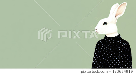Anthropomorphic rabbit in polka dot sweater on pastel green background, AI Generative 123654919
