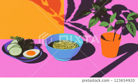 Vibrant still life with noodles, vegetables, and potted plant in bold colors, AI Generative 123654920