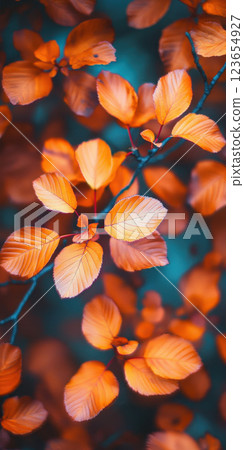 Vibrant autumn leaves in colorful cascade with blurred teal background, AI Generative 123654927