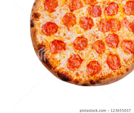 Freshly baked pepperoni pizza on a wooden surface 123655037