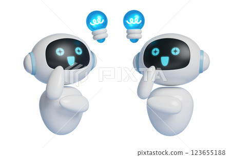 3D graphics of an AI robot character with a light bulb floating above its head 3D graphics of an AI robot character with a light bulb floating above its head 123655188