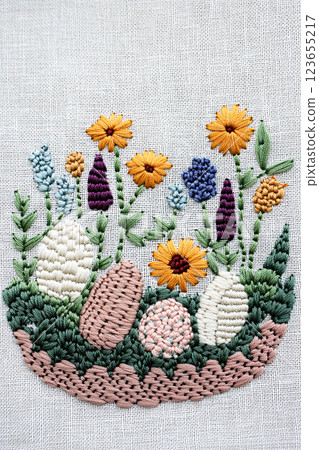 Basket with Easter eggs and flowers, embroidered with satin stitch on linen 123655217