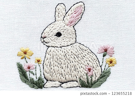 Cute rabbit in flowers, embroidered with satin stitch on white linen. Simple embroidery in minimalist design 123655218
