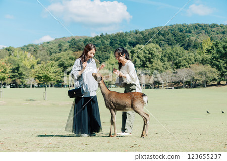 A woman (friend) feeding deer crackers to the deer in Nara Park 123655237
