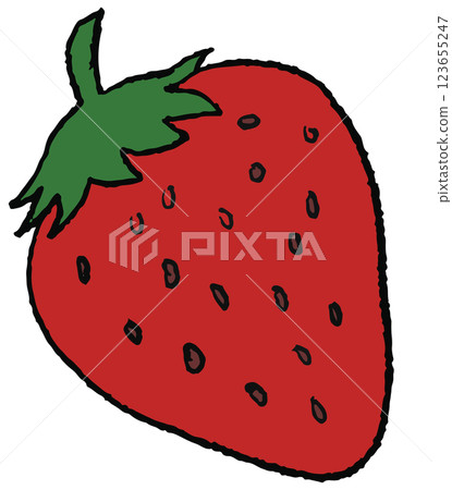 Hand drawn crayon illustration of red strawberry for fruit, breakfast, lunch, cafe, restaurant, menu, recipe, smoothie, juice drink, vegan, brooch, grocery shopping, supermarket, mart, icon, diet 123655247