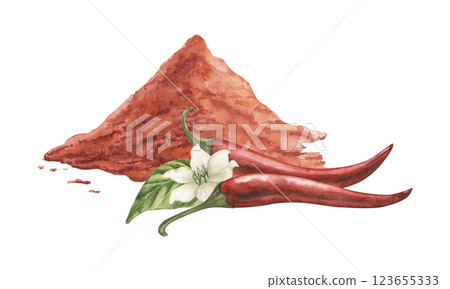 Red chili pepper with green leaves and white flower next to a pile of ground chili pepper. Botanical watercolor illustration hand drawn. Vegetable composition, suitable for packaging, menu, kitchen. 123655333