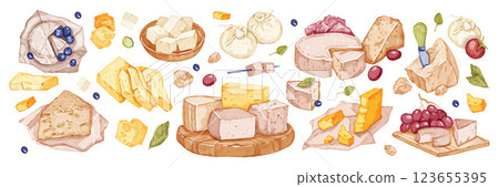 Cheese watercolor illustration, vector dairy product collection Italian parmesan mozzarella clipart. 123655395