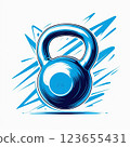 Stylized blue kettlebell with dynamic lines on white background.  123655431