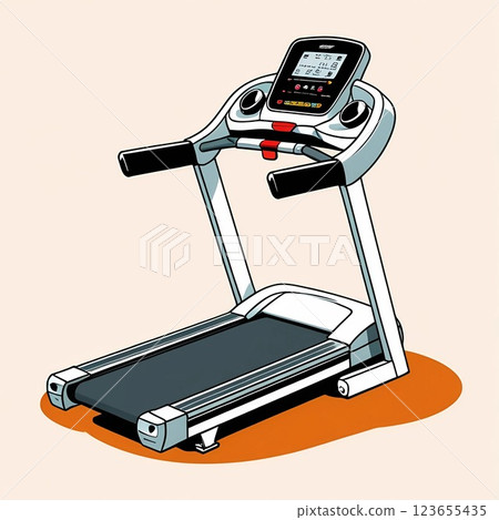 Modern treadmill with digital display on beige background.  123655435