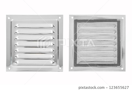 Metal ventilation grille is highlighted on a white background. Rectangular shape. Front and back sides. Metal ventilation grille is highlighted on a white background. Rectangular shape. Front and back sides. 123655627