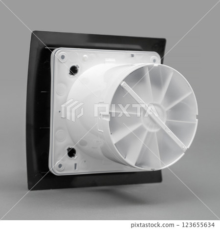 White fan on a gray background. Ventilation system. 123655634