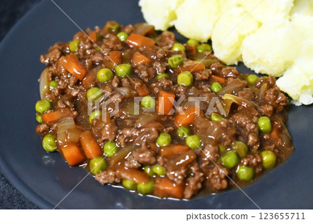 Mince and tatties on a plate. Traditional Scottish food. Mince and tatties on a plate. Traditional Scottish food. 123655711