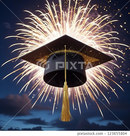Graduation cap with golden tassel and fireworks in background.  123655804