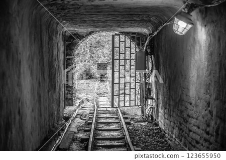 The entrance to a mine shaft in Jachymov features an open gate revealing track lines leading deeper underground. Soft light illuminates the rustic stone walls, enhancing the mysterious atmosphere. 123655950