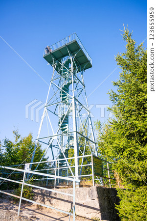 Visitors enjoy breathtaking views from the Slovanka Iron Lookout Tower in the Jizera Mountains of Czechia. Surrounded by lush greenery and a clear blue sky, this site offers a tranquil escape. Visitors enjoy breathtaking views from the Slovanka Iron Lookout Tower in the Jizera Mountains of Czechia. Surrounded by lush greenery and a clear blue sky, this site offers a tranquil escape. 123655959