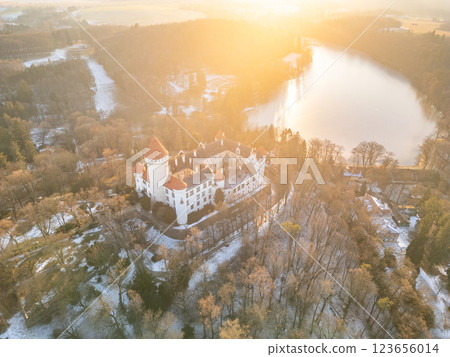 The breathtaking aerial view showcases Konopiste Castle surrounded by lush greenery and a serene lake. Sunlight casts a warm glow, enhancing the castle's picturesque charm. 123656014