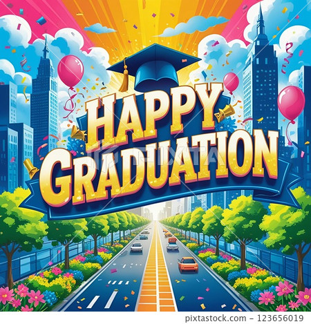 Happy graduation celebration in a vibrant cityscape.  123656019