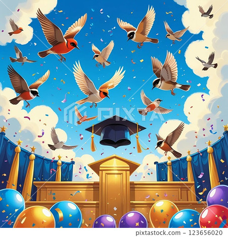 Birds flying with graduation cap in festive sky. Birds flying with graduation cap in festive sky. 123656020