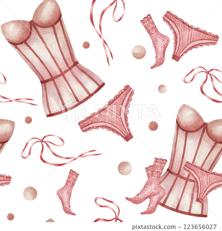Women corset, lace socks, bow, panties. Seamless pattern. Watercolor illustration isolated from background. Pink beige lace underwear. Wrapping paper, packaging in lingerie store or feminine holidays Women corset, lace socks, bow, panties. Seamless pattern. Watercolor illustration isolated from background. Pink beige lace underwear. Wrapping paper, packaging in lingerie store or feminine holidays 123656027