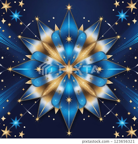 Elegant blue and gold star-shaped ornament on dark background.  123656321
