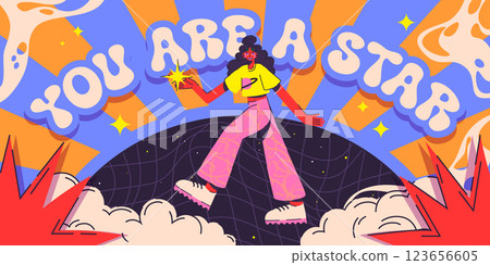 Groovy space poster with retro aesthetics. 123656605