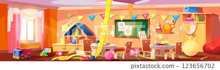 Messy kindergarten room interior 123656702