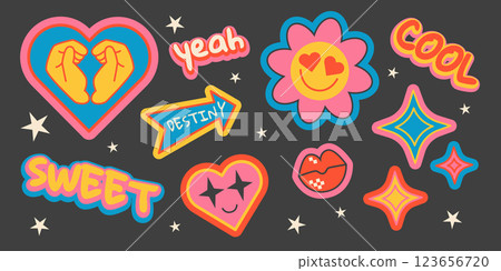 Fun retro sticker set with colorful shapes Fun retro sticker set with colorful shapes 123656720