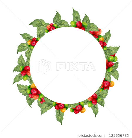 Coffee round frame with beans, flower, leaves. Watercolor illustration. Coffee day. Botanical natural background of ripening berries. Hand drawn isolated art. Aroma of Robusta and Arabica varieties. 123656785