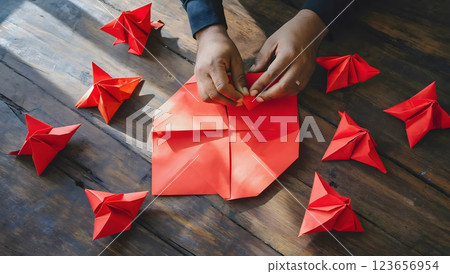 Close up hands do origami from colored paper. lesson of origami 123656954