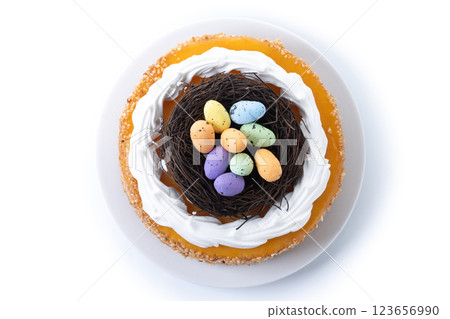 Homemade Easter egg cake isolated on white background Homemade Easter egg cake isolated on white background 123656990