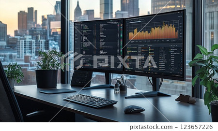 Skyscrapers and investor workspace in the evening 123657226