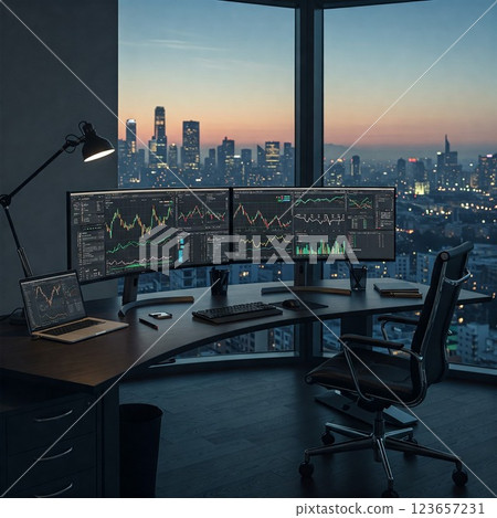 Stock chart and computer, investor workspace Stock chart and computer, investor workspace 123657231