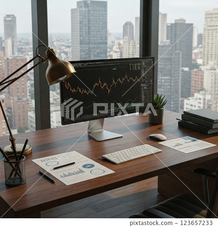 Stock chart and computer, investor workspace Stock chart and computer, investor workspace 123657233