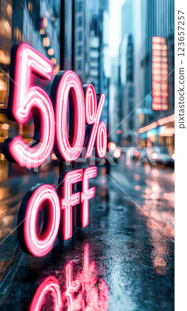 Bright neon 50% OFF sign reflecting on a wet city sidewalk with blurred lights and skyscrapers in the background, creating a modern and urban shopping atmosphere. 123657257