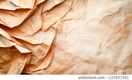 Aged and wrinkled parchment paper with torn edges and warm tones, creating a textured vintage background with space for text or creative design elements. 123657261