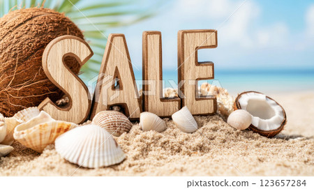 Wooden letters spelling SALE on a sandy beach with seashells, coconuts, and palm leaves, creating a tropical summer promotion or vacation discount concept. 123657284