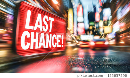 Bright red LAST CHANCE! sign with bold white letters in a motion-blurred urban night scene, surrounded by glowing city lights and fast-moving traffic on a wet street. 123657296