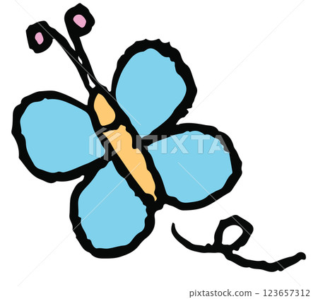 Hand drawn crayon illustration of butterfly for animal, spring, summer, flower, cartoon character, patch, brooch, shirt print, nature, garden, blossom, blooming, picnic, zoo, park, souvenir shop, icon 123657312
