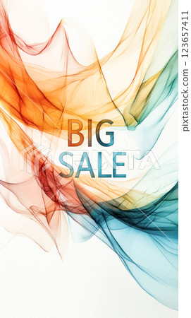 Elegant BIG SALE text with flowing abstract waves in red, orange, blue, and yellow on a white background, creating a modern and dynamic promotional design. 123657411