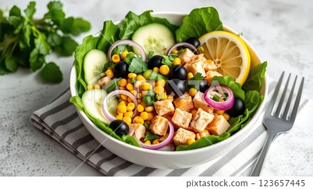 Fresh Tuna Salad with Mixed Greens, Black Olives, and Lemon Garnish on a Textured Surface 123657445