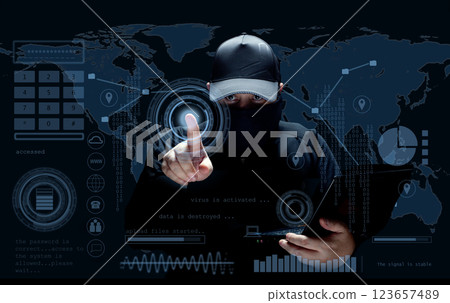 Cyber Hacker with Laptop and Digital HUD Interface Cyber Hacker with Laptop and Digital HUD Interface 123657489